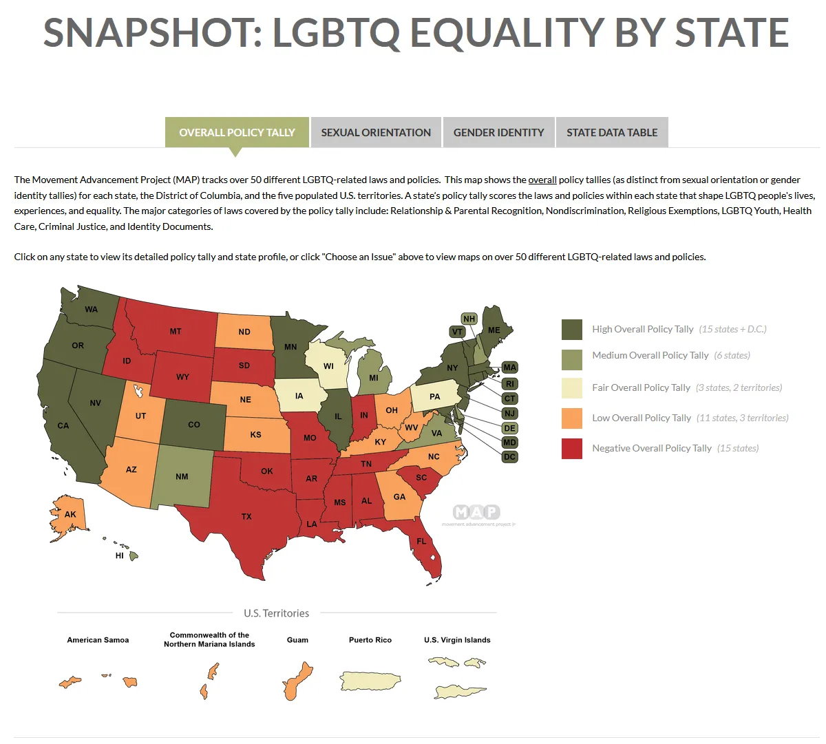 Map showing equality of states for LGBTQ people.