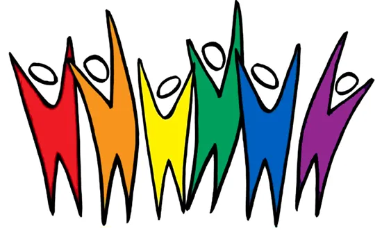 Abstract drawing of people in rainbow colors.