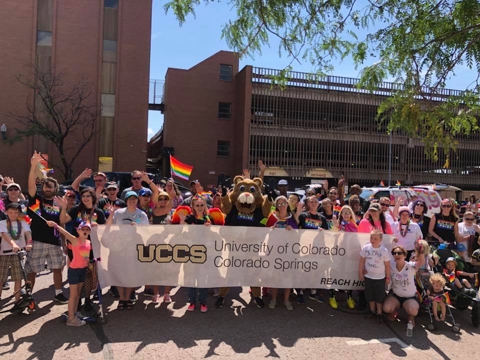 Picture of UCCS students, staff, faculty, and alumni at the Colorado Springs Pride Parade