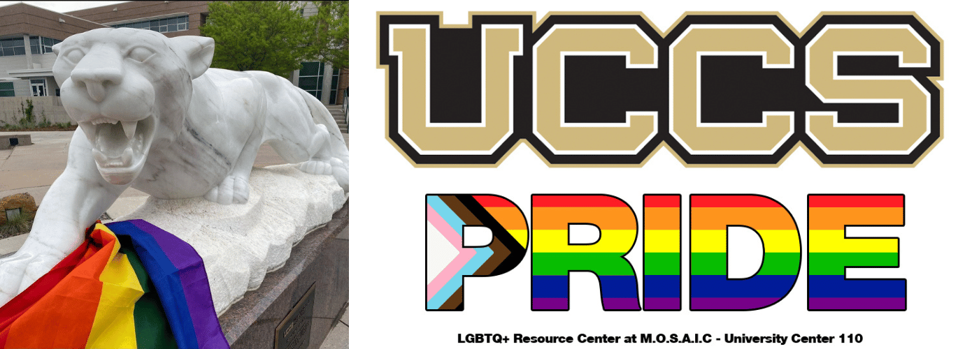 Image of UCCS mountain lion statue with a LGBT flag next to image of UCCS Pride sticker
