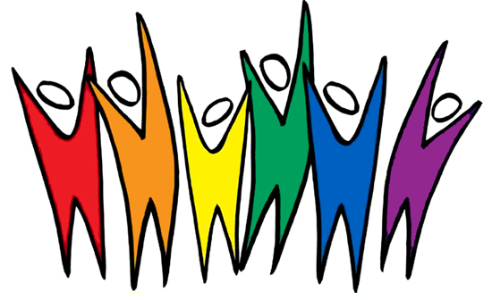Drawing of people with the gay flag colors